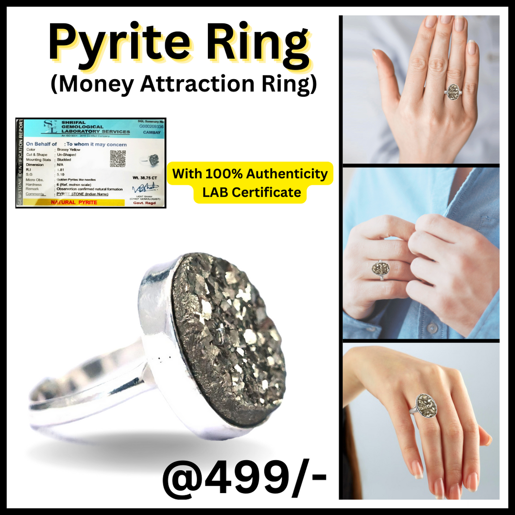 Certified Original Pyrite Ring for Women and Men - Real Pyrite Stone Crystal Ring for Wealth, Abundance and Success | Adjustable Fit Size for everyone