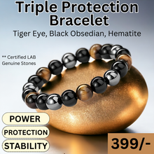 Load image into Gallery viewer, Activated Natural Black Obsidian, Hematite and Tiger Eye Stone Combination Bracelet A triple Protection Bracelet | For Negativity Evil Eye Spirit Protection | Best Protection Stones
