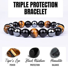 Load image into Gallery viewer, Activated Natural Black Obsidian, Hematite and Tiger Eye Stone Combination Bracelet A triple Protection Bracelet | For Negativity Evil Eye Spirit Protection | Best Protection Stones
